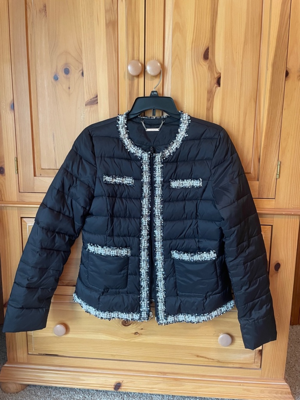 EUC White Black Quilted puffer jacket with Tweed and pearl Trim